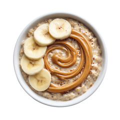 Oatmeal Bowl with Banana Slices and Almond Butter Swirl on Transparent Background

