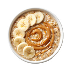 Oatmeal Bowl with Banana Slices and Almond Butter Swirl on Transparent Background

