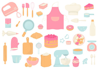 Pastel baking utensils and bakery background