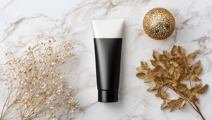 Black and white cosmetic tube, gold accents, marble background