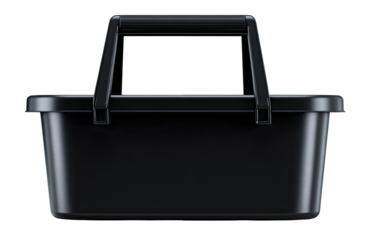 A black, rectangular shopping basket with handles