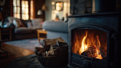 Cozy wood stove in rustic living room.  Warm fire crackles,  wood basket,  blurry background