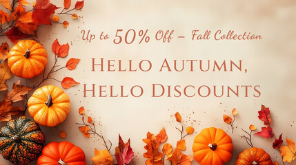 Magical beige background with fall leaves and pumpkins.Autumn sale banner.Thanksgiving theme.Sunbeams,nostalgic warmth,and tranquil colours reflect signs of seasons,diversity,and calm away from issues