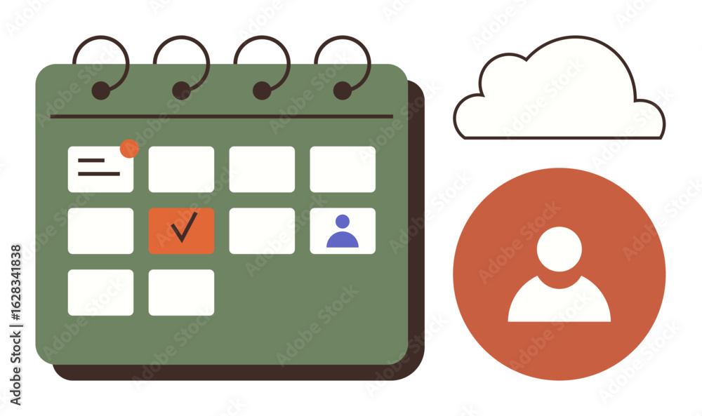Poster green calendar with marked events, a cloud icon representing digital tasks, and a round user profile