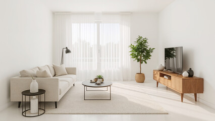 Fototapeta premium Bright and airy modern living room with a beige sofa and wooden media console interior