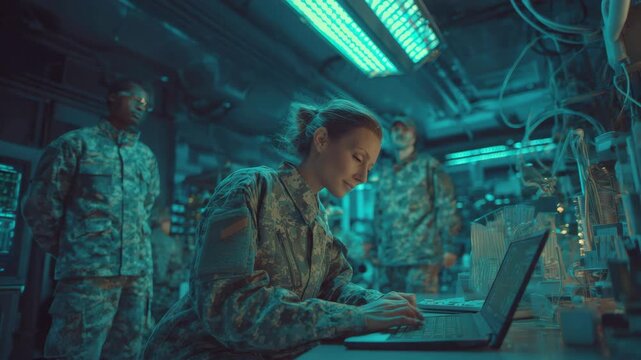 A female soldier works on a laptop in a control room while two male soldiers stand in the background suggesting a military operation or command center