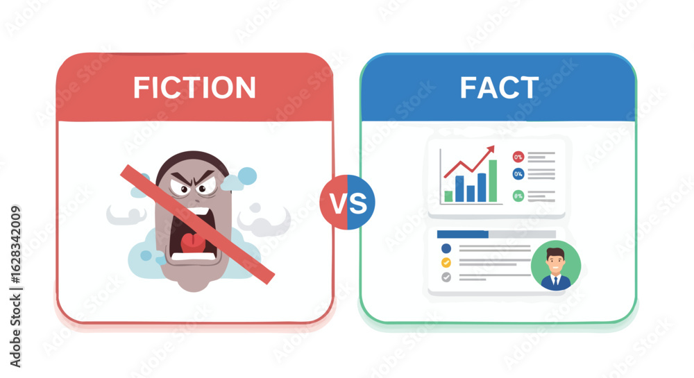 Poster conceptual illustration comparing 'fiction' and 'fact' with opposing visual representations, featuri