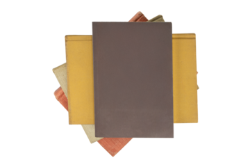 Modern brown book cover over a fan of old vintage books. Concept of new vs old knowledge. isolated on white background with clipping path.