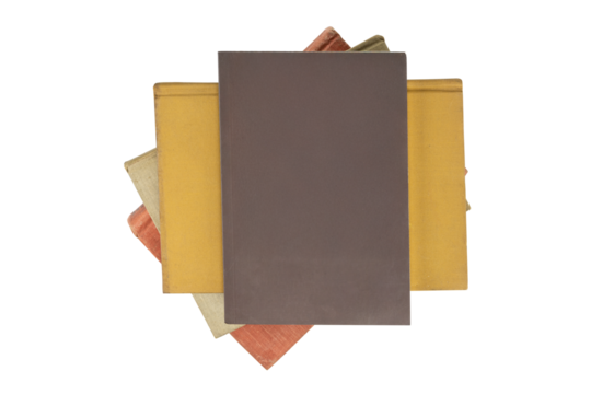 Modern brown book cover over a fan of old vintage books. Concept of new vs old knowledge. isolated on white background with clipping path. - Powered by Adobe