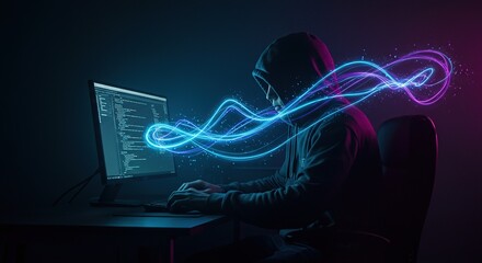 Hacker in dark room working on computer with electric energy flow