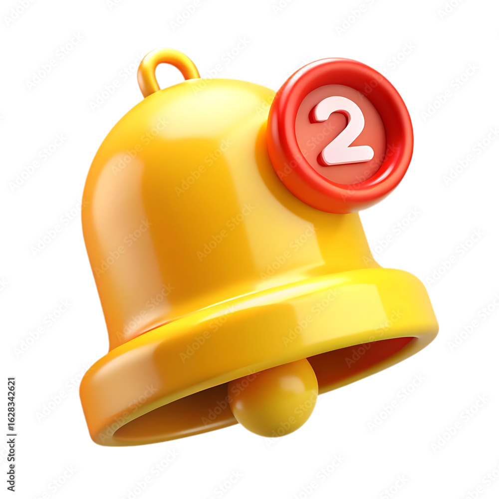 Poster 3d yellow notification bell icon with red badge showing number two alert message isolated on a trans