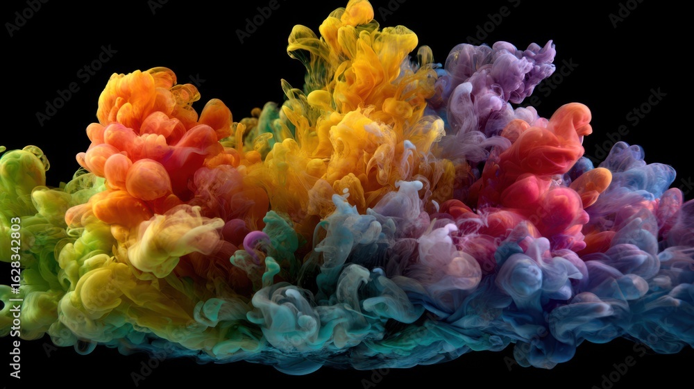Poster a rainbow ink drop dissolving in water, creating a mesmerizing cloud of color, abstract and versatil