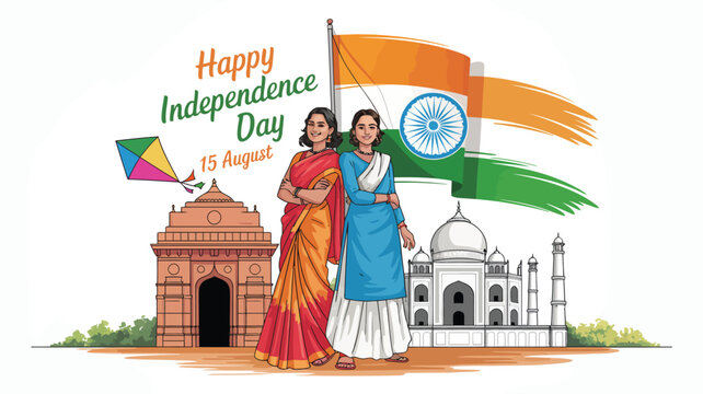 India Independence Day Illustration Featuring Women in Traditional Dress, National Monuments, Flag, Kite, and August 15 Celebration Message