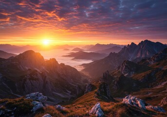 Naklejka premium Majestic mountain scene at dawn with soft color tones