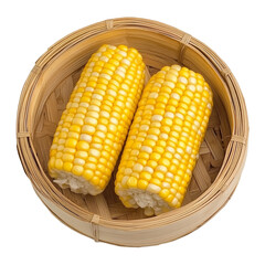 Freshly cooked yellow corn on the cob in bamboo basket on transparent background