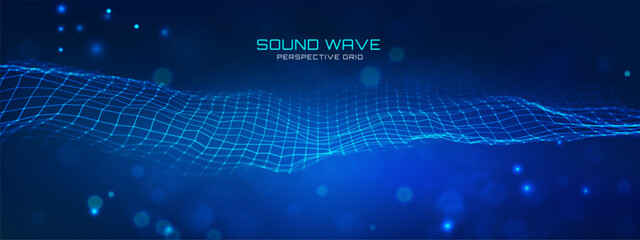 AI sound wave with voice visualization and digital equalizer effect. Neon vector waveform in blue for futuristic audio background. Particle grid pattern or 3D pulse spectrum for tech event graphics.