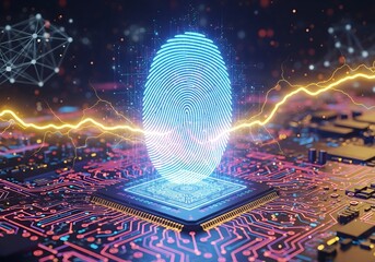 Digital fingerprint authentication on futuristic circuit board with data streams
