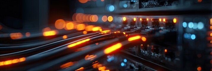Close-up of a server rack with glowing cables