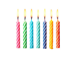 Colorful spiral birthday candles with glowing flames celebration party, Isolated, Png Transparent Background
