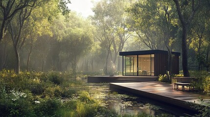 Fototapeta premium Tranquil modern cabin nestled in a misty forest