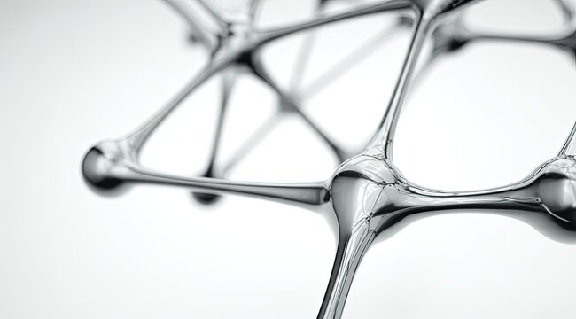 Close-up view of interconnected metallic nodes.  Complex network of reflective, polished metal structures.  Abstract, scientific, and elegant design