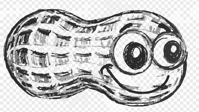 A whimsical peanut character with large eyes and a cheerful smile in a grayscale drawing style design