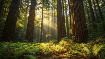 Sunlight filtering through redwood trees in a lush forest floor.
