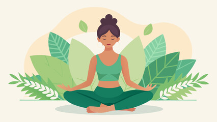 Minimalist Vector Illustration of a Woman Meditating in Lotus Pose with Tropical Leaves