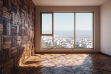 Fototapeta premium Empty room with large window, panoramic city view, and wooden wall