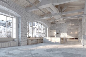 Obraz premium Spacious, bright loft space with large windows overlooking snowy landscape