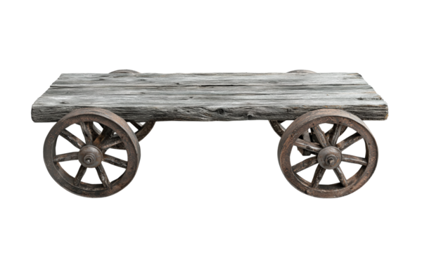 Wooden cart on wheels designed for transport or display. isolated on white background and transparent background