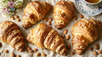 French cafe aesthetic flat lay with buttery croissants, scattered almonds, and floral teacup on rustic linen, captured with mirrorless camera 35mm lens, soft focus on flaky croissants and natural