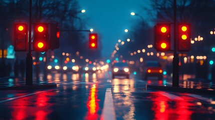 Obraz premium Red traffic lights reflect on a wet city street at night creating a blurred and dreamy urban landscape with bokeh lights illuminating the scene beautifully.