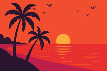 Tropical Beach Sunset Landscape Vector
