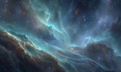 青緑と青の輝きを放つ星雲のクローズアップ