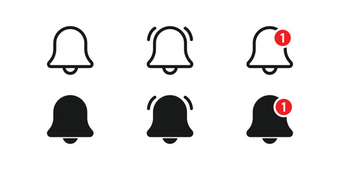 Bell Icon Set – Vector Illustration of Notification, Alert, and Reminder Icons with Red Badge and Sound Symbol for App and Web Design