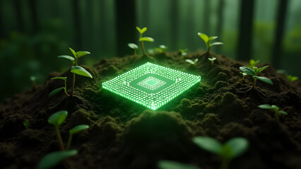 Glowing Green Microchip and Sprouting Plants