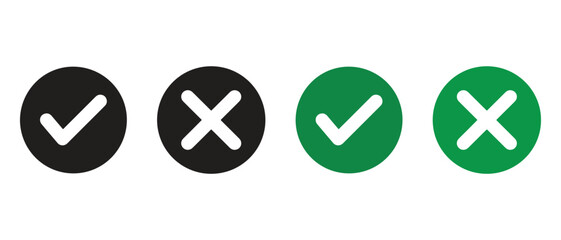 Check and X Mark Icons. Black and Green Circular Variants for UI Confirmation and Rejection.