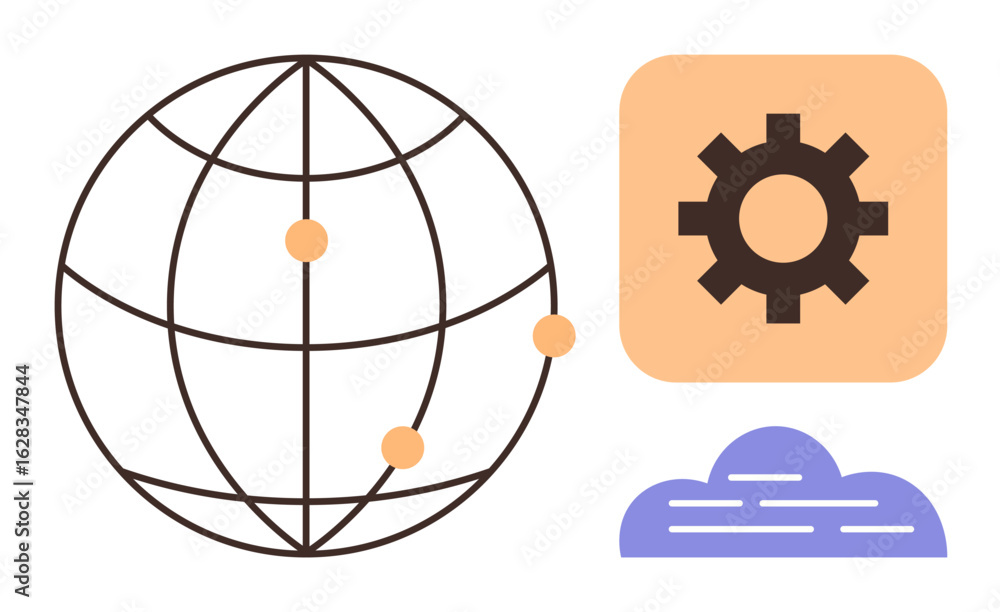 Poster globe with interconnected nodes, gear inside square, and cloud representing global networking, techn