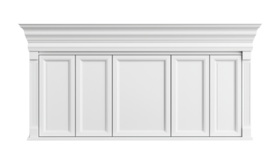 Wooden paneling with decorative molding and multiple sections for interior design. isolated on white background and transparent background