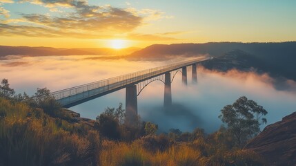 Fototapeta premium Bridge spans a river with a beautiful sunset in the background