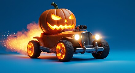 jack o lantern driving his orange car on a moonlit night. ,hyper realistic digital art ,isolated on bright background