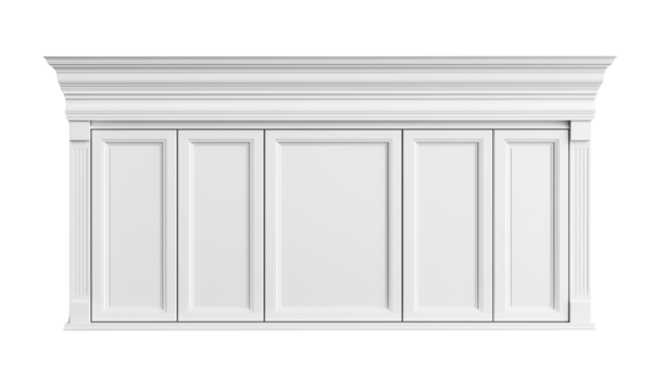 Wooden paneling with decorative molding and multiple sections for interior design. isolated on white background and transparent background