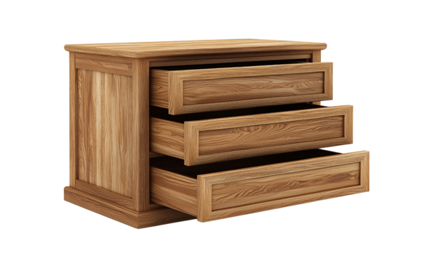 A wooden chest of drawers with three pull-out compartments showcasing a detailed grain pattern. isolated on white background and transparent background