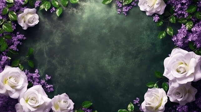 Romantic Floral Frame with White Roses and Lavender Accents on Deep Green Textured Background