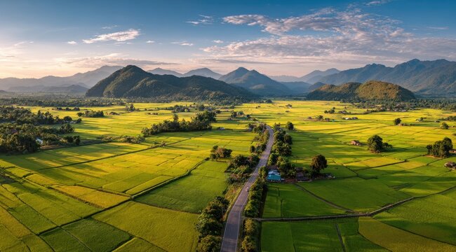 Panoramic vista of golden rice paddies and winding road