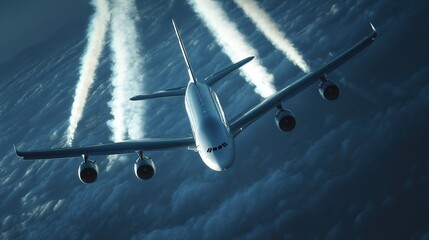 Commercial jet flying above cloudy sky, wingtip contrails visible, natural light highlighting global air travel backdrop