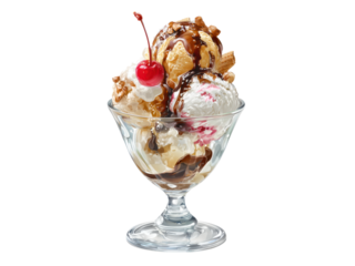 Delicious creamy ice cream sundae with cherry topping and chocolate drizzle dessert sweet, Isolated, Png Transparent Background