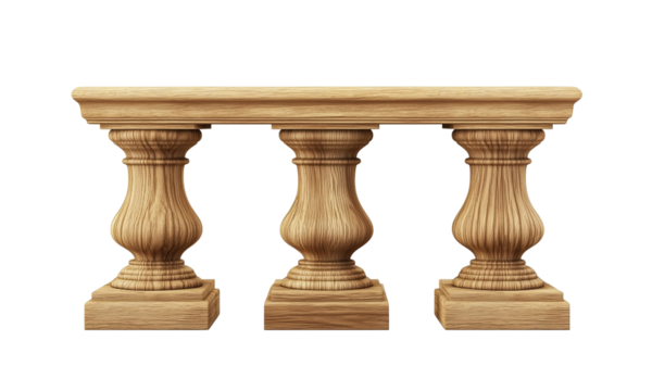 Three intricately designed wooden columns supporting a flat surface. isolated on white background and transparent background