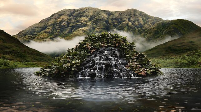 Floating island fantasy with lush greenery and waterfall fading into mist, shot with telephoto lens to compress depth, soft atmospheric clouds blending seamlessly with sky